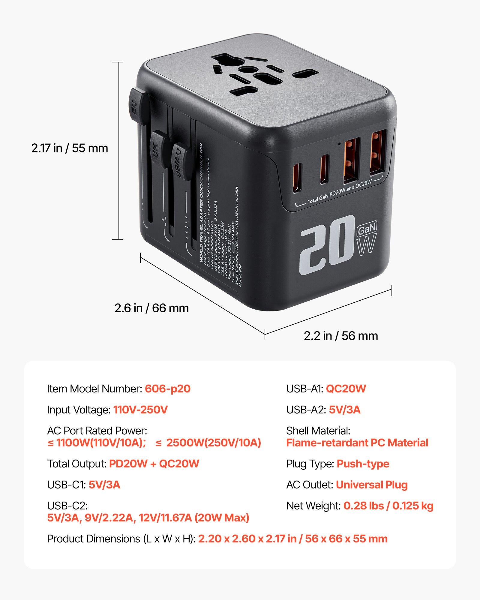 VEVOR Universal Travel Adapter, 5-in-1, International European Power Adapter with 2 USB-C, 2 USB-A Ports, 1 AC Outlet, 4 Different Plugs, Worldwide Plug Adaptor Wall Charger, for Europe UK EU AUS USA
