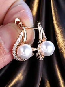 Teardrop Halo Pearl Huggie Drop Earrings 18K Rose Gold Plated Paved Clear Cubic Zirconia Round White Pearl Hoop Earrings Waterproof Stainless Steel Elegant Wedding Bridal Jewelry Gift for Women