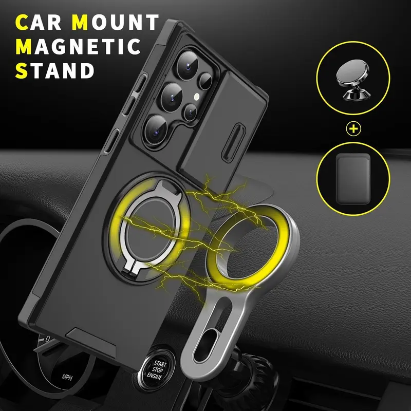 StarTU Magnetic Protective Cellphone Case for Samsung Galaxy S26-S25-S24-S23-S22-S21, Shockproof Rugged Casing Accessory with Slide Camera Lens Cover, 360° Rotating Ring Holder, Screen Protector