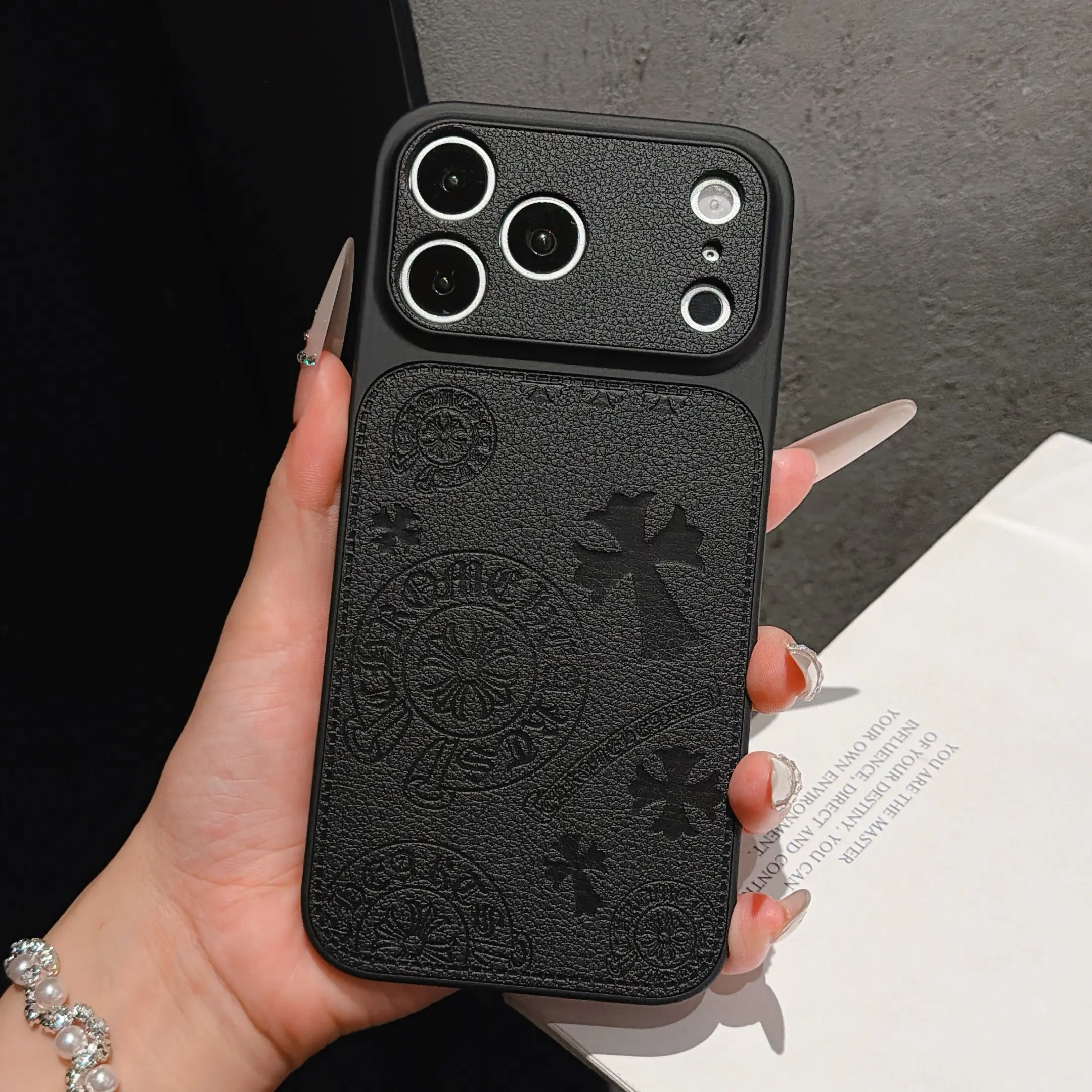 Vintage Cross Embossed Grain Leather Magnetic Aesthetic Phone Case, Large Lens Window Shockproof Cover For iPhone 14/15/16/17 All Series
