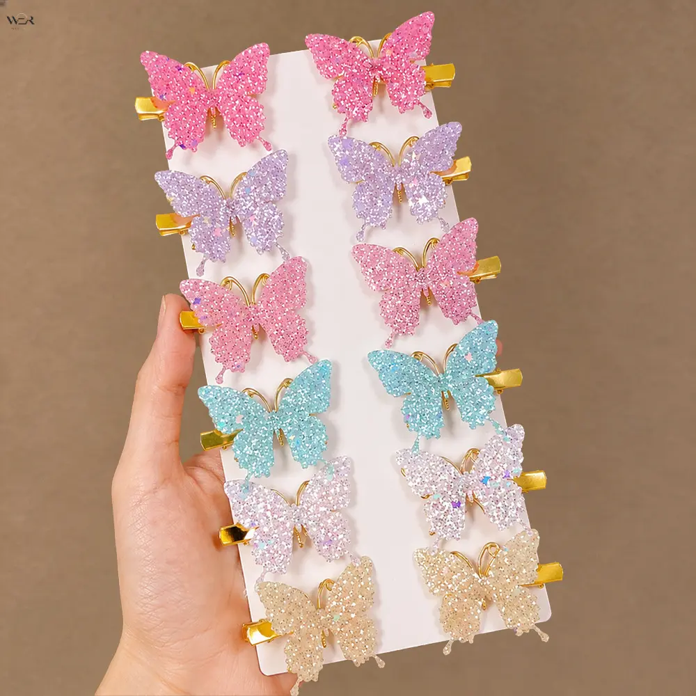 Glitter Sequin Butterfly Hair Clips 2 Sizes Soft Fabric Hollow Gold Metal Barrettes Pink Blue White Pastel Kawaii Cute Women Teen Girls Bangs Side Hair Pins Daily Makeup Hair Accessory Bulk Pack