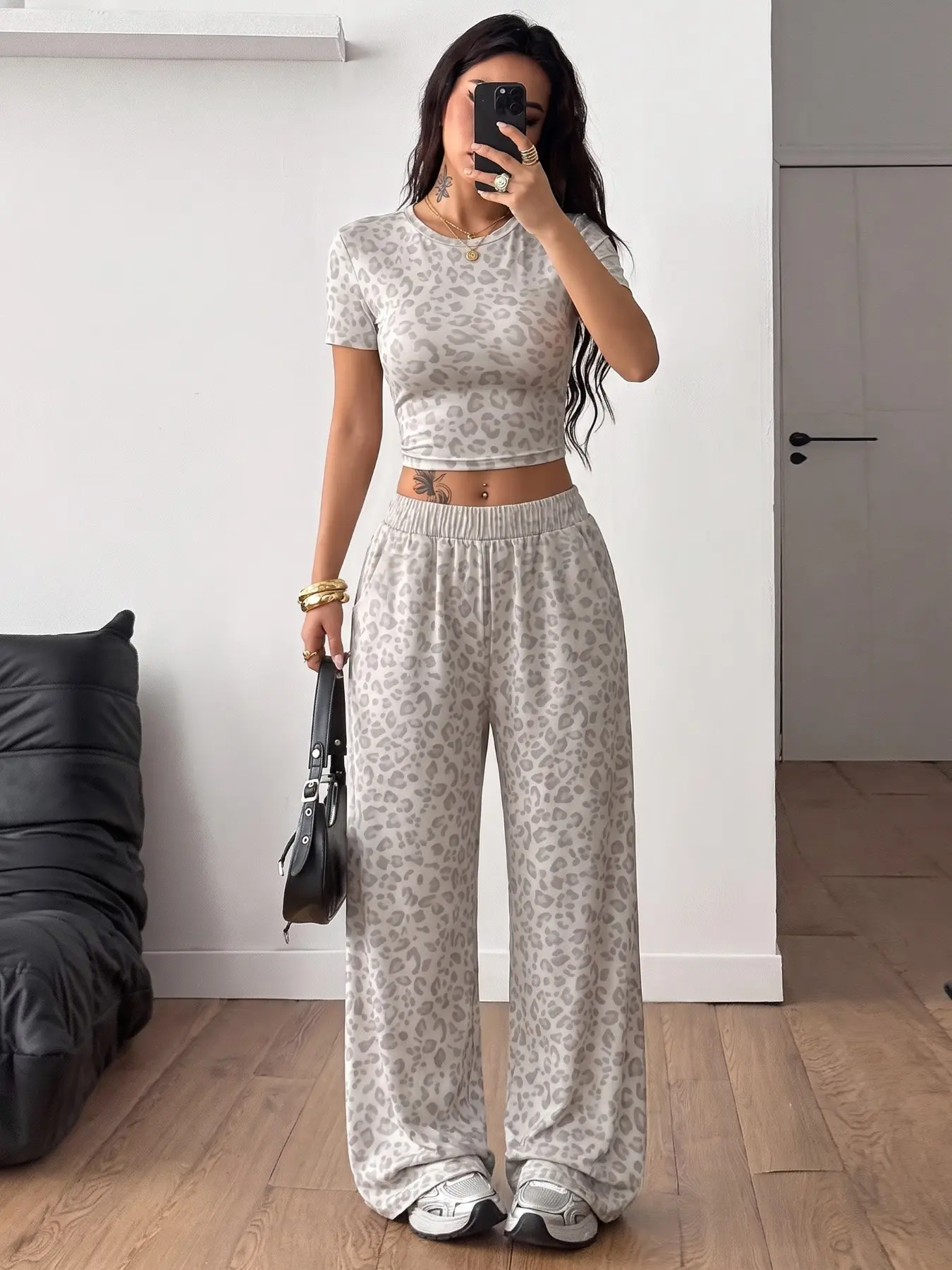 Trending Light Grey Leopard Print Crop Tee & Drawstring Wide Leg Pants Two Piece Set Soft Stretch Fabric Minimal Animal Print Casual Matching Co Ord, Slim Short Sleeve Top Loose Trousers Outfit Perfect For Daily Street Vacation & Home Looks Stretchy