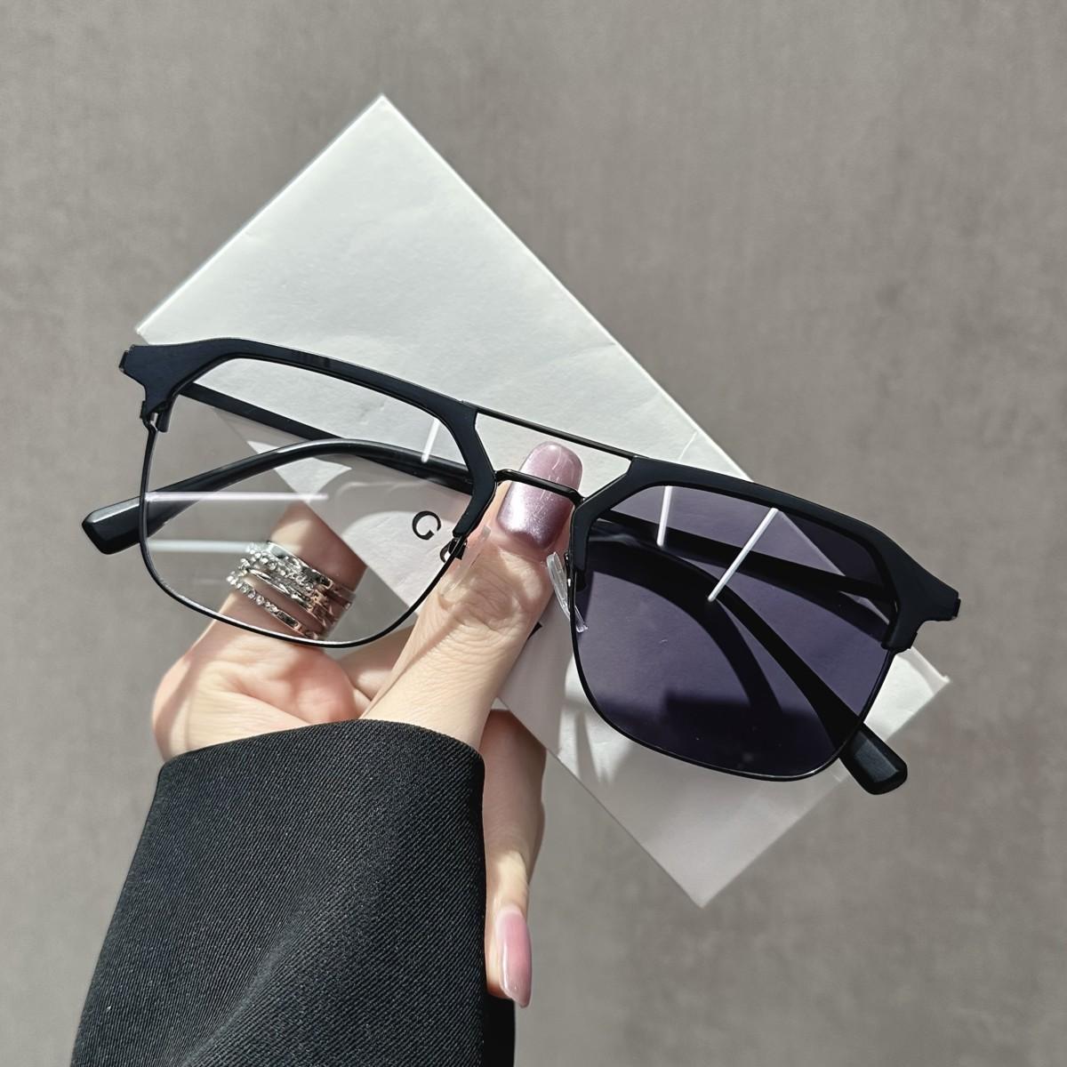 1 Pair of Y2K Style Unisex Square Frame Photochromic Glasses, Semi-rimless Light-sensitive Tinting Glasses, Men's Brow Frame, Multifunctional Casual Eyewear