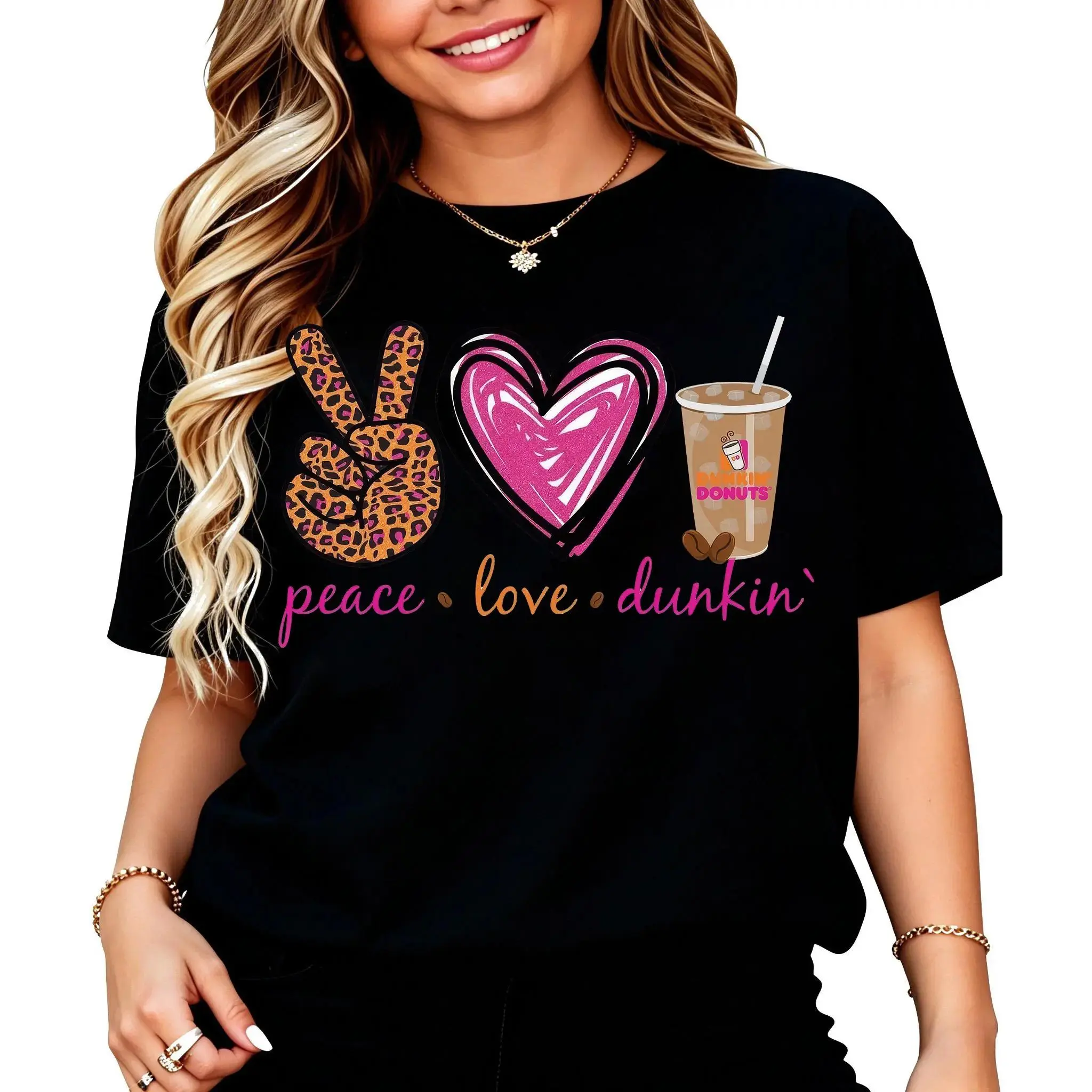 Women's Black Graphic T-Shirt - Funny "Peace Love Dunkin'" Coffee Cup Design - Soft Breathable Everyday Tee for Dunkin' Fans, Casual Outfits & Lounge Wear - Machine Washable Everyday Essential, Ladies T Shirts, Summer Party Top, Playful Print Shirt