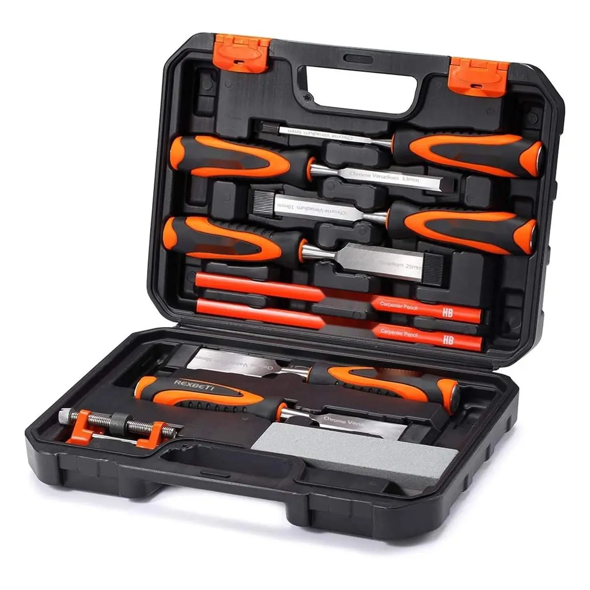 10 Piece Premium Wood Chisel Set, 6 Wood Chisels with 1 Honing Guide, 1 Sharpening Stone, 2 Carpenter Pencils, Heat-treated Cr-v Alloy Blades for Woodworking