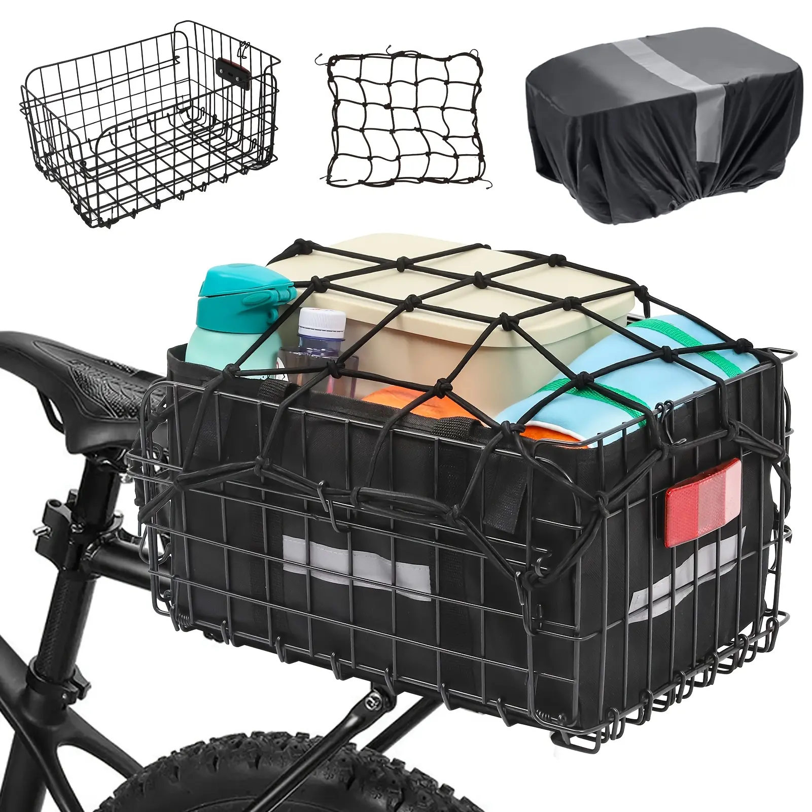 Bike Basket Front/Rear, Folding Bicycle Basket with Removable Liner Bag, Large Quick Release Design Metal Ebike Basket for Adult Women/Men Carrying Dogs, Pets, Fruit & Grocery, Extra-Large Iron Bike Basket, Removable Rear Rack for Most Bikes & Ebikes