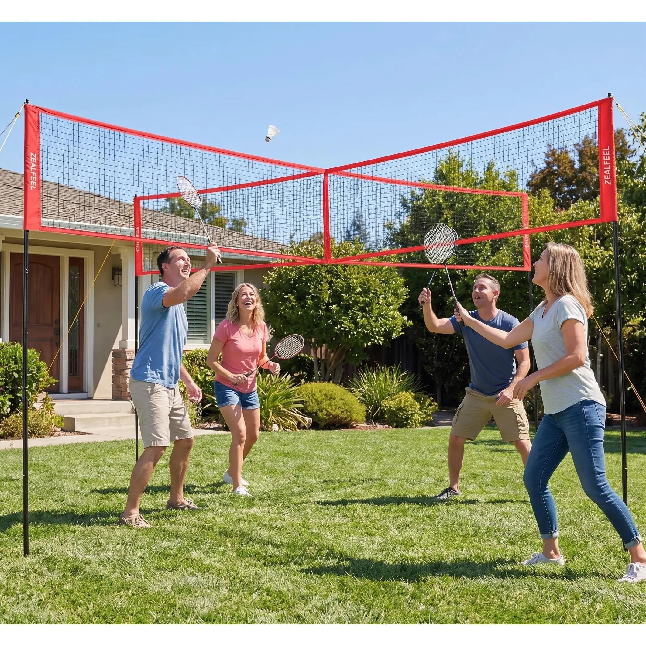 Portable 4-Square 14x14 ft Volleyball Net Set with Ball, Pump & Carry Bag, Multi-Height Adjustable Crossnet Game for Children & Adults, Outdoor Park Beach Backyard Lawn Use, Nets, Youth, Multi-Heights, Easy Assembly, Iron Poles, All-Season, Unisex, Pe Net