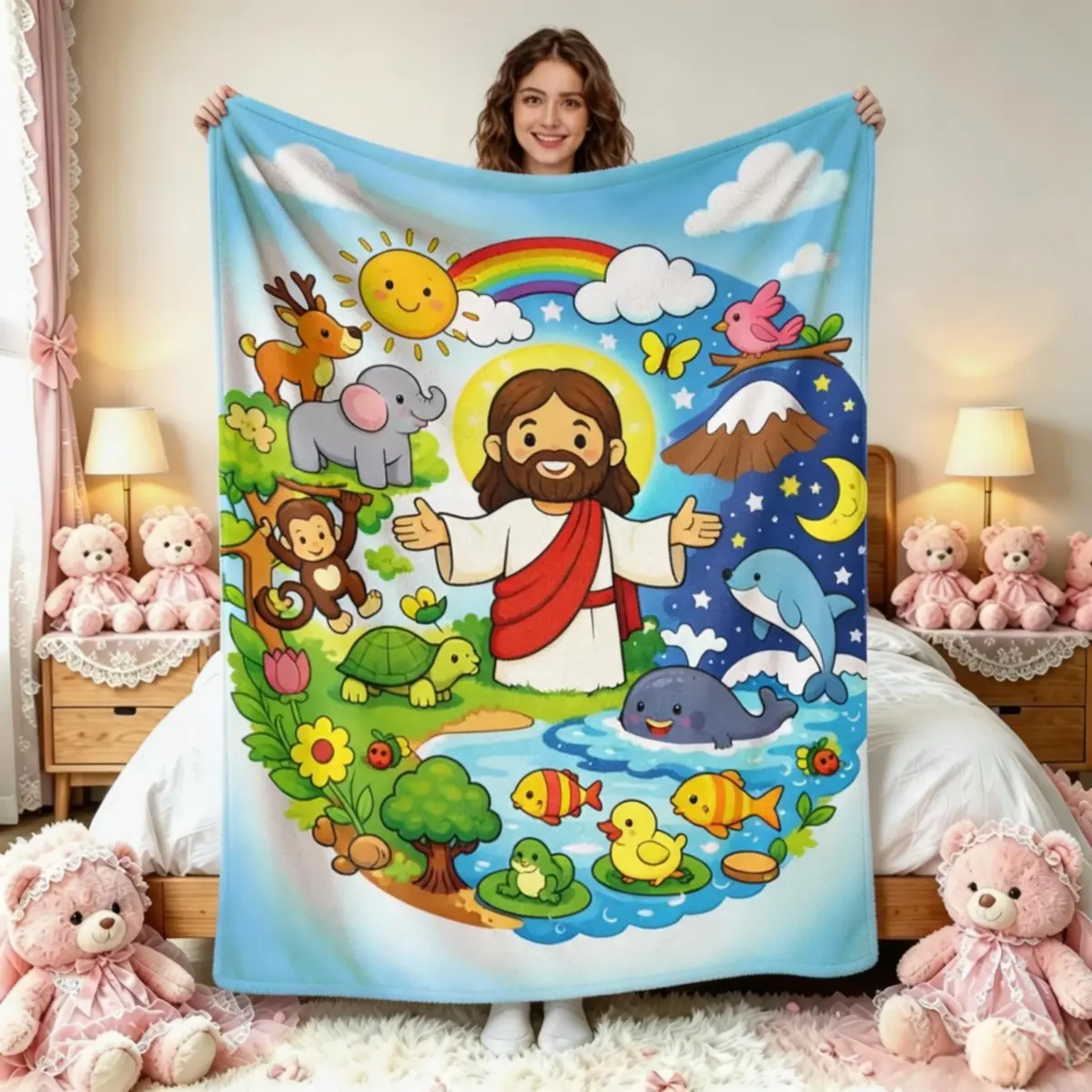 Cute Cartoon Jesus Creation Animal Flannel Throw Blanket, Colorful Nature Sun Rainbow Wildlife Print, Soft Lightweight Religious Blanket for Sofa Bedroom, Perfect Baptism Birthday Housewarming Gift