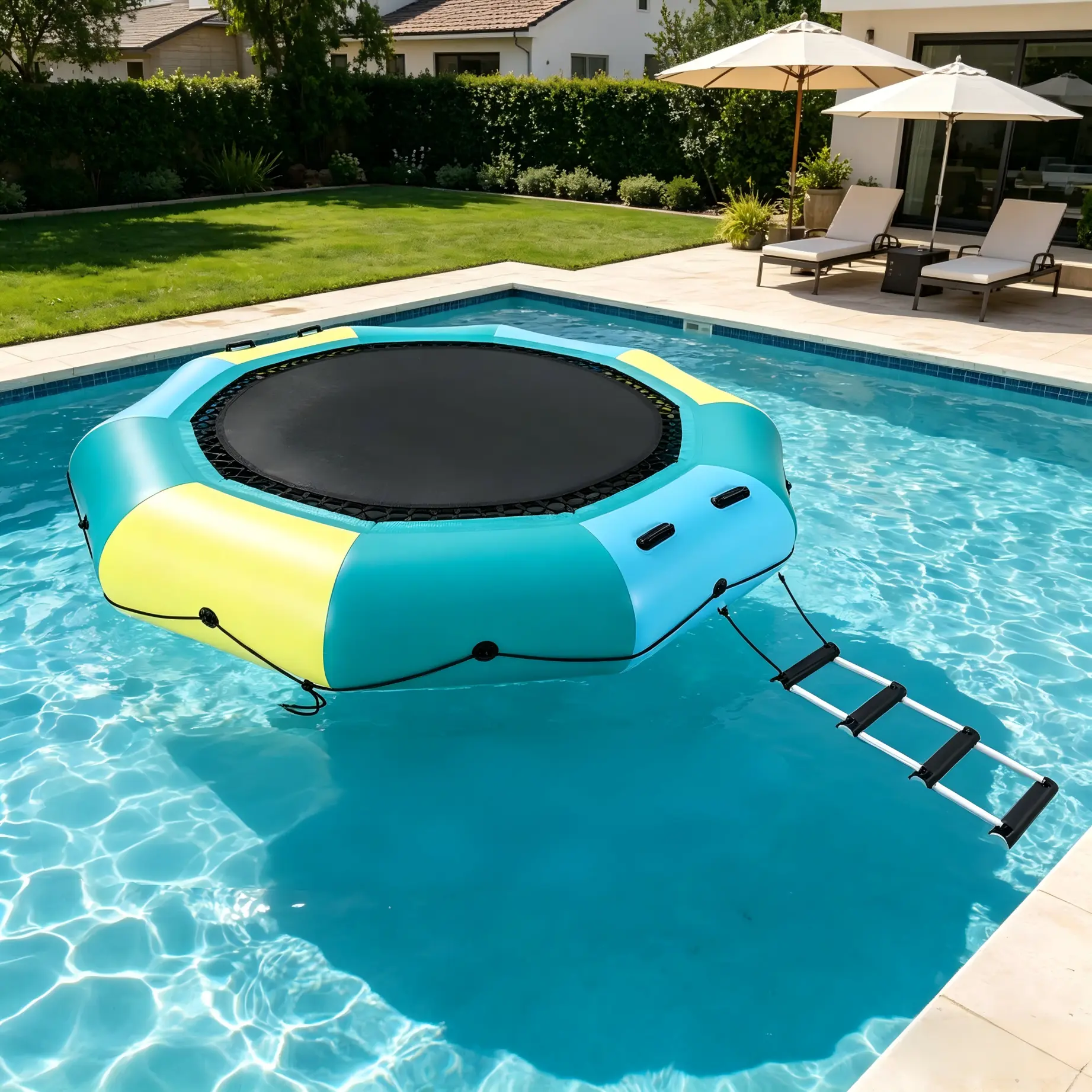 Versatile Inflatable Floating Water Trampoline – Lake & Pool Bouncer – Portable, Easy Setup – Includes Rope Ladder, Pump, Anchor Bags – For Adults & Kids – Summer Water Fun