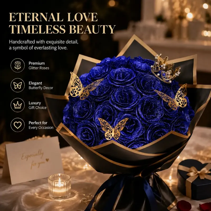 DIY Glitter Rose Bouquet Kit – Includes Butterflies, Crowns, Ribbons, and Full Accessories; Available in Multiple Sizes (24 or 26 Pieces); A Creative Gift Set for Women – Perfect for Anniversaries, Weddings, Graduations, and Valentine's Day.