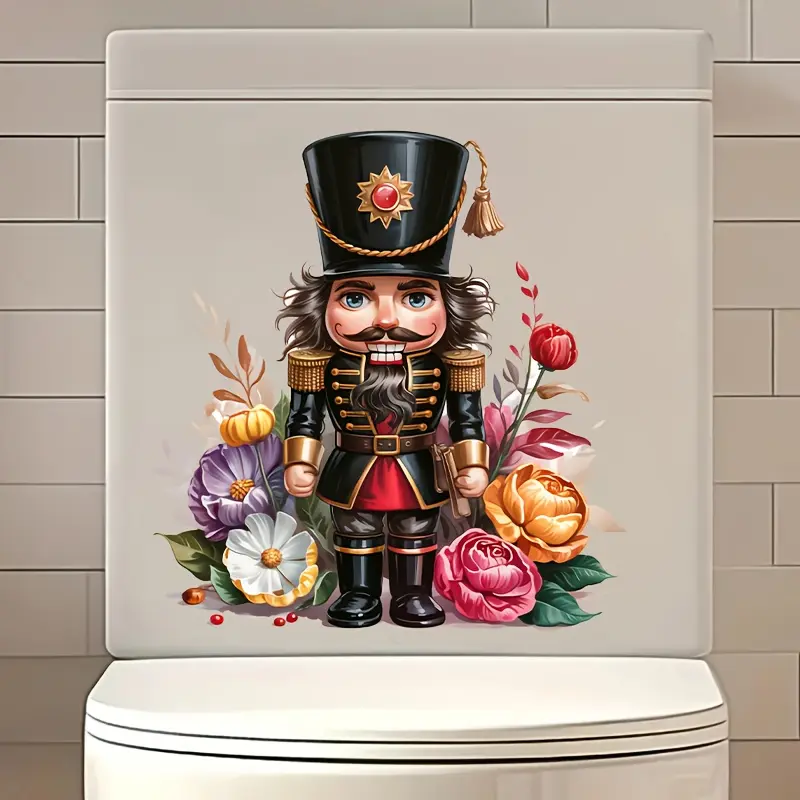1 Nutcracker Soldier Bathroom Decoration - self-adhesive PVC toilet sticker with gold border and floral pattern, semi glossy square tiles - suitable for toilets, showers, bathtubs - easy to apply and residue free removal