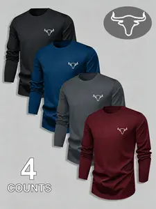 4-Pack Men's Long Sleeve T-Shirts, Bull Head Print, Casual Outdoor Sports, Comfortable Home Wear, Breathable Fabric, All Seasons