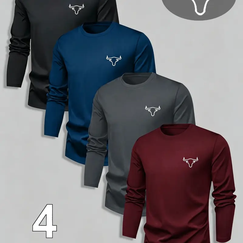 【Black Friday】4-Pack Men's Long Sleeve T-Shirts, Bull Head Graphic, Athletic Casual Tops, Outdoor Sportswear, Comfortable Loungewear, Breathable Fabric, All-Season Tee Shirts
