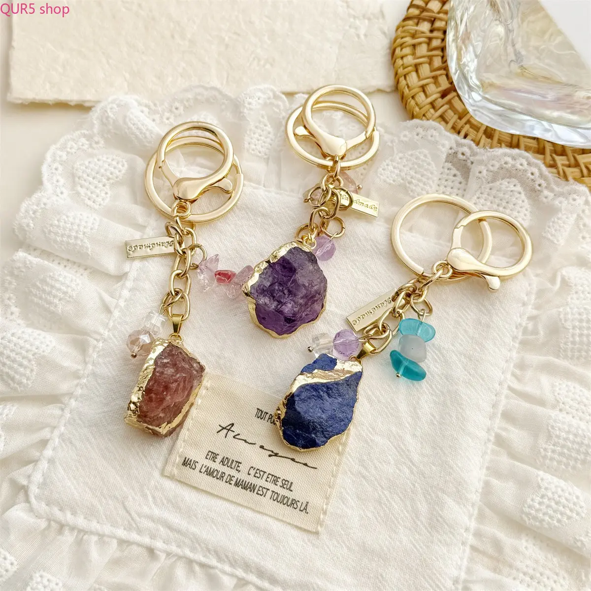 Irregular Natural Rose Quartz Amethyst Raw Stone Keychain, Unique Lucky Crystal Pendant, Sweet Souvenir Gift For Couples Students Daily Bag Charm Accessory