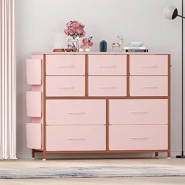 Garvee10 Drawer Pink Dresser for Kids Room, Freestanding Storage Cabinet with Wood Top for Girls Bedroom or Playroom