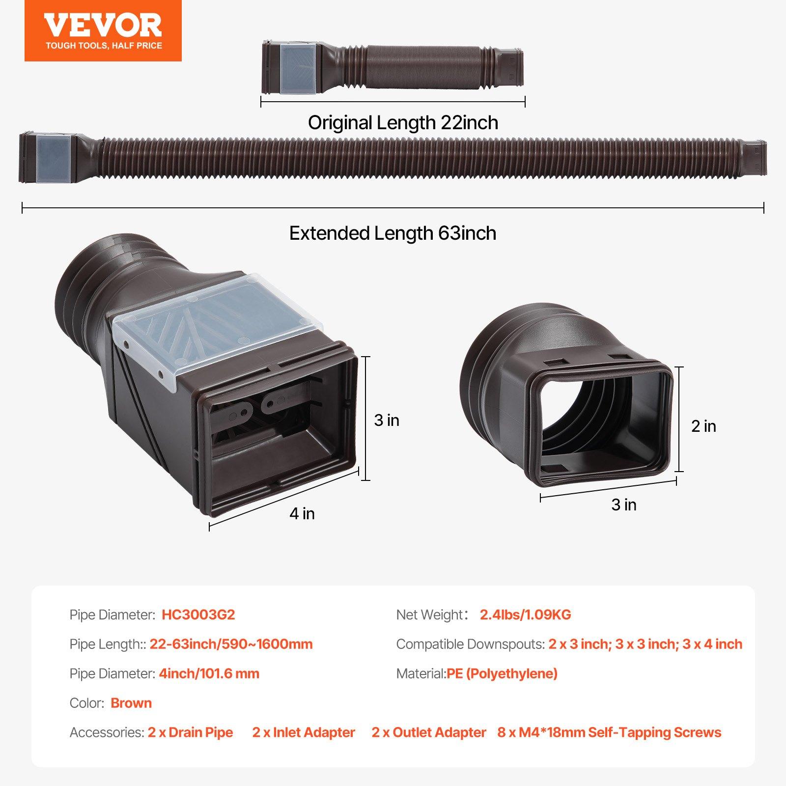 VEVOR Rain Gutter Downspout Extensions, 2-Pack Flexible Downspout Extender, Down Spout Drain Extension Extendable from 22" to 63", Gutter Extensions with Adapters, for Rainwater Drainage, Brown
