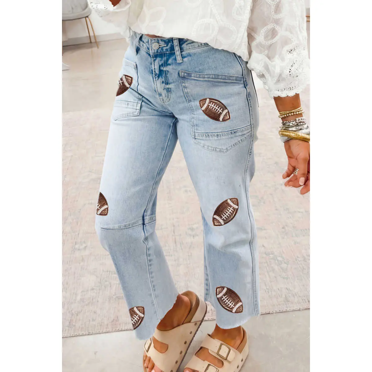 Women's Aesthetic Cotton Beau Blue Sequin-Detail, Football Rugby-Pattern, Raw-Hem Shift Jeans with Pocket for Everyday Wear, Sporty, Bottom, Casual, Comfortable