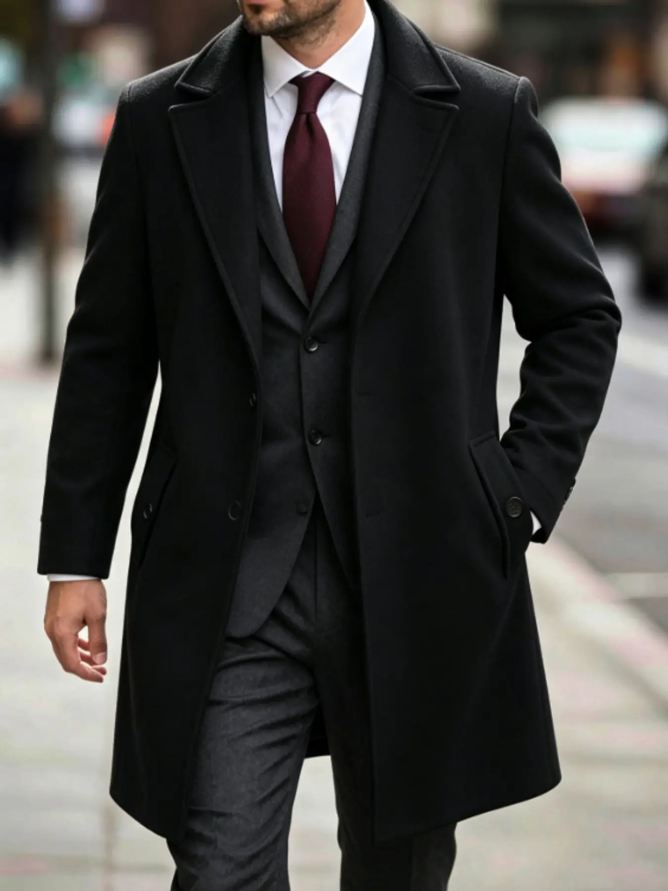 Men's Coat, Classic Notched Lapel Mid-Length Design, Long Sleeves, Business Casual Versatile Outerwear, Fall Winter Commute Date High-End Gentleman