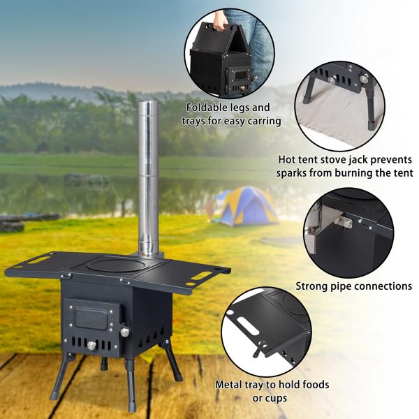 Portable Wood Burning Stove for Tent & Camping, Carbon Steel Folding Heater with 3 Chimney Pipes & Fire Blanket for Ice Fishing, Hunting & Cooking