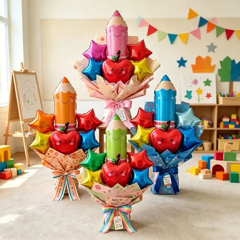 9pcs/28pcs Back-To-School Pencil Apple Theme Balloon Bouquet Set, Apple, Pencil, Star Aluminum Foil Balloons,Back-to-school gift suitable for children，Back-to-School Season Classroom Decoration，School supplies Store Decoration，Freshman Orientation Ceremon