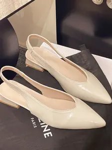 Women's Minimal V-Cut Pointed Toe Elastic Slingback Flat Kitten Heel Pumps Slip On Backless Non Slip Cloud Cushioned Arch Support All Day Walking Comfort Quiet Luxury Office Date Bridal Casual Footwear White Silver Black Three Neutral Metallic Tones