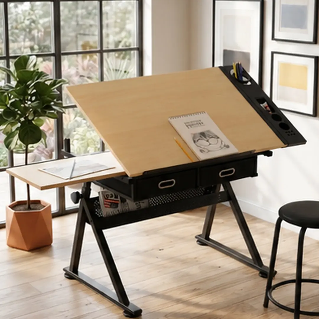 ARCH Adjustable Drafting Drawing Table Desk with 2 Drawers & Stool (MDF+Metal, Maple Finish) - Tiltable Top (0-75°), Height Adjustable (68-91cm), 23.62" W x 38.58" D, 150 kg Capacity, 47.00 lb, for Home Office School (Students) Art Studio, Assembly Requir