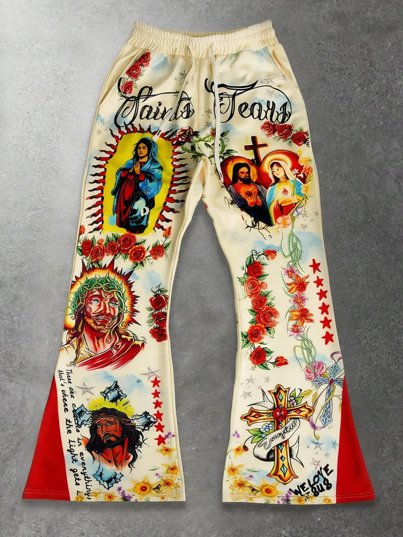 Men's flared trousers featuring the Virgin Mary logo, unisex Saint English lettering, Christian pattern print, fashionable men's trousers for spring and autumn, European and American streetwear brand sporty geometric aesthetic trousers.