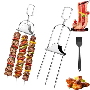 BBQ Skewers, 14in Stainless Steel 3-Prong Grill Skewers with Push Slider for Meat, Vegetables & Outdoor BBQ, Perfect for Camping, Backyard BBQ, Meat & Veggie Grilling(2 Fork+1 Brush)