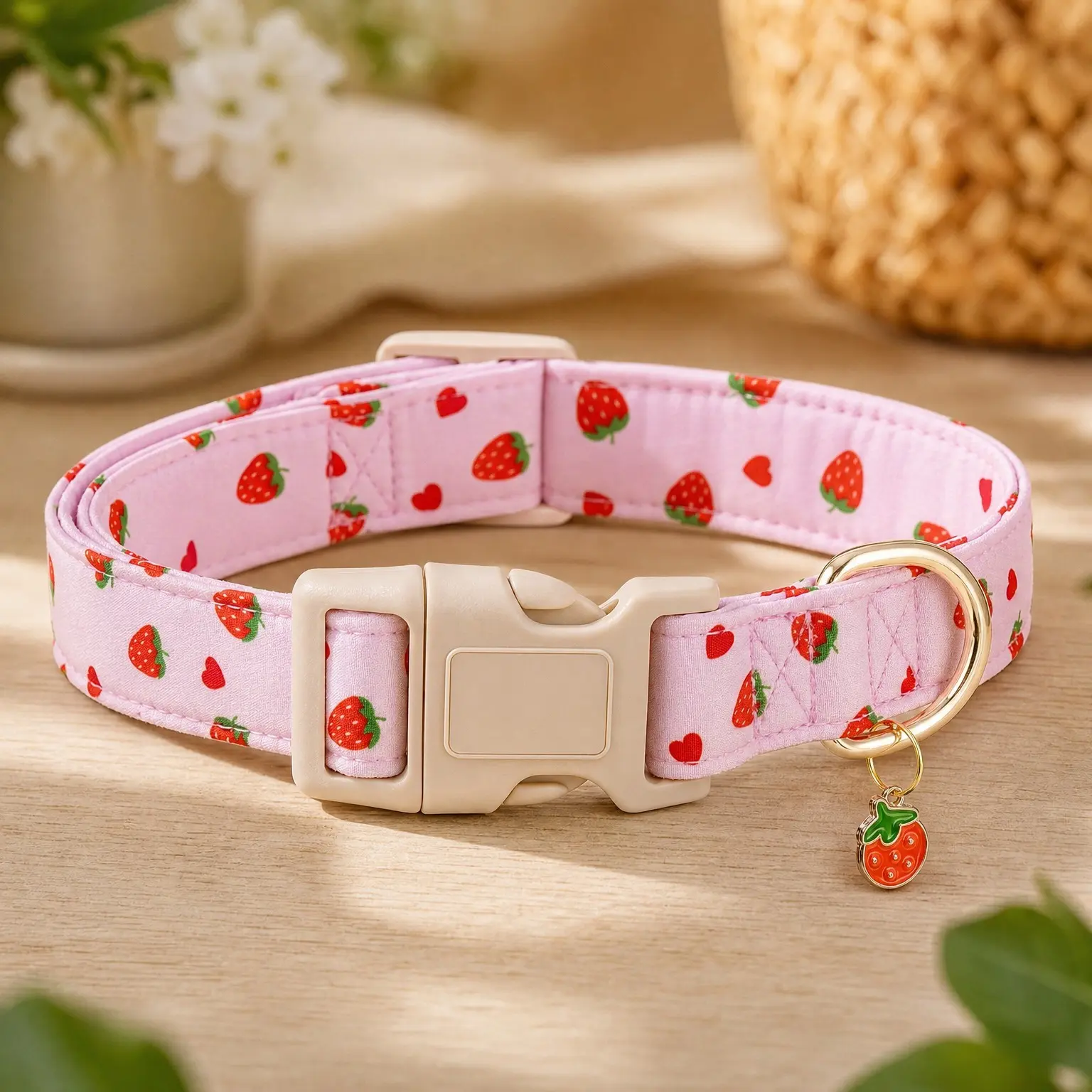 Pink Strawberry Dog Collar with Cute Strawberries Pattern, Sweet Spring Summer Collar for Female Dogs, Small Medium LargeGift