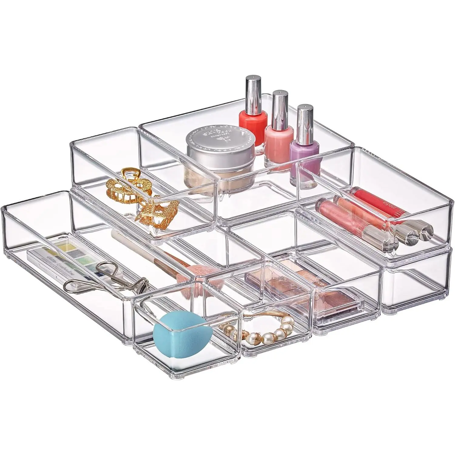Quicksort 10-Piece Rectangular Transparent Plastic Stackable Storage Boxes - Decorative Home Office Desk Organizer, Ideal for Beauty Products, Home Supplies Gift