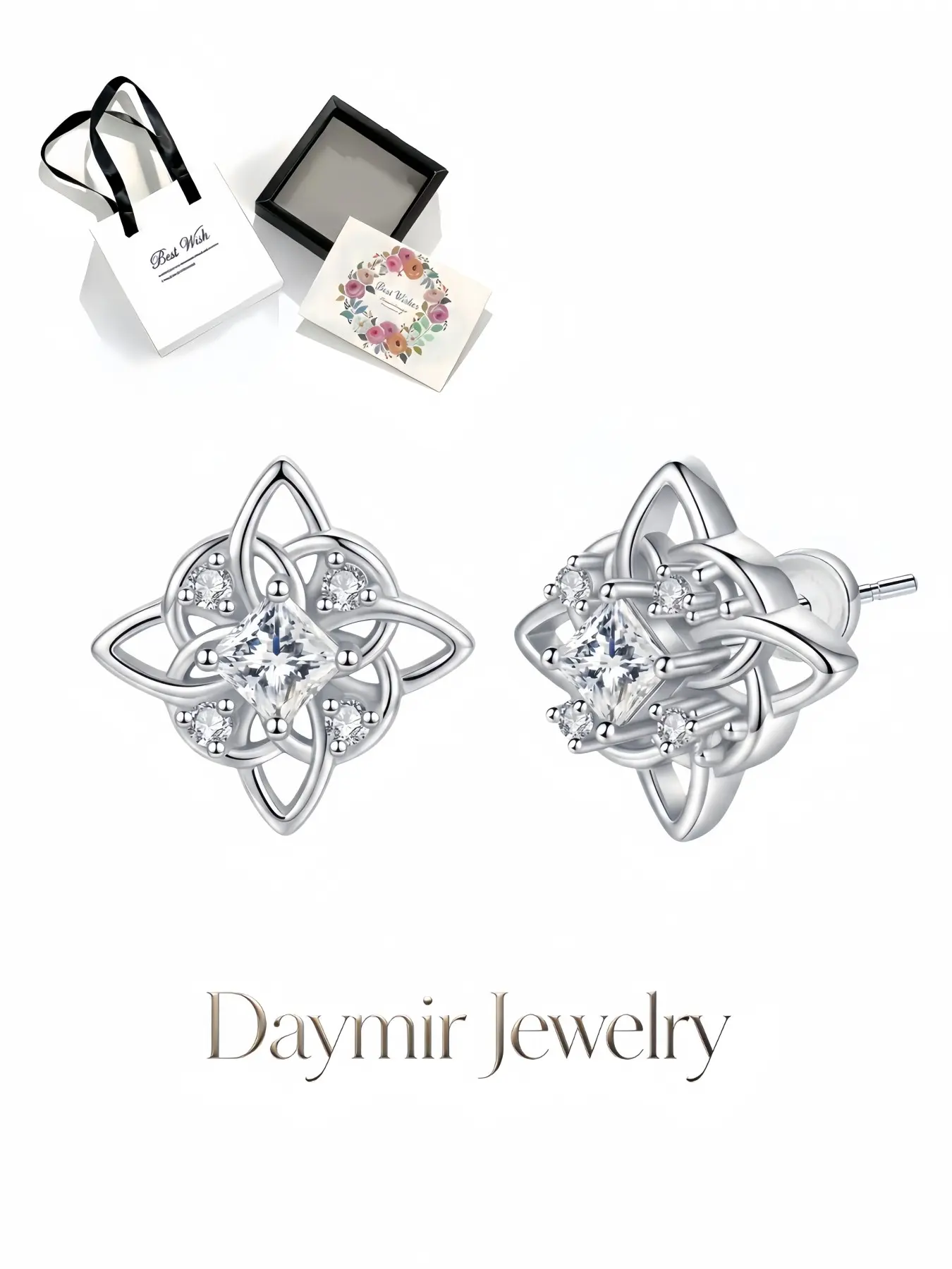 Four-Sided Lucky Witch Knot Stud Earrings, S925 silver pins paved with zirconia for ladies. Paired with fine drawer jewelry box, ideal gifts for birthdays, Mother’s Day, Valentine’s Day, Christmas and anniversaries.