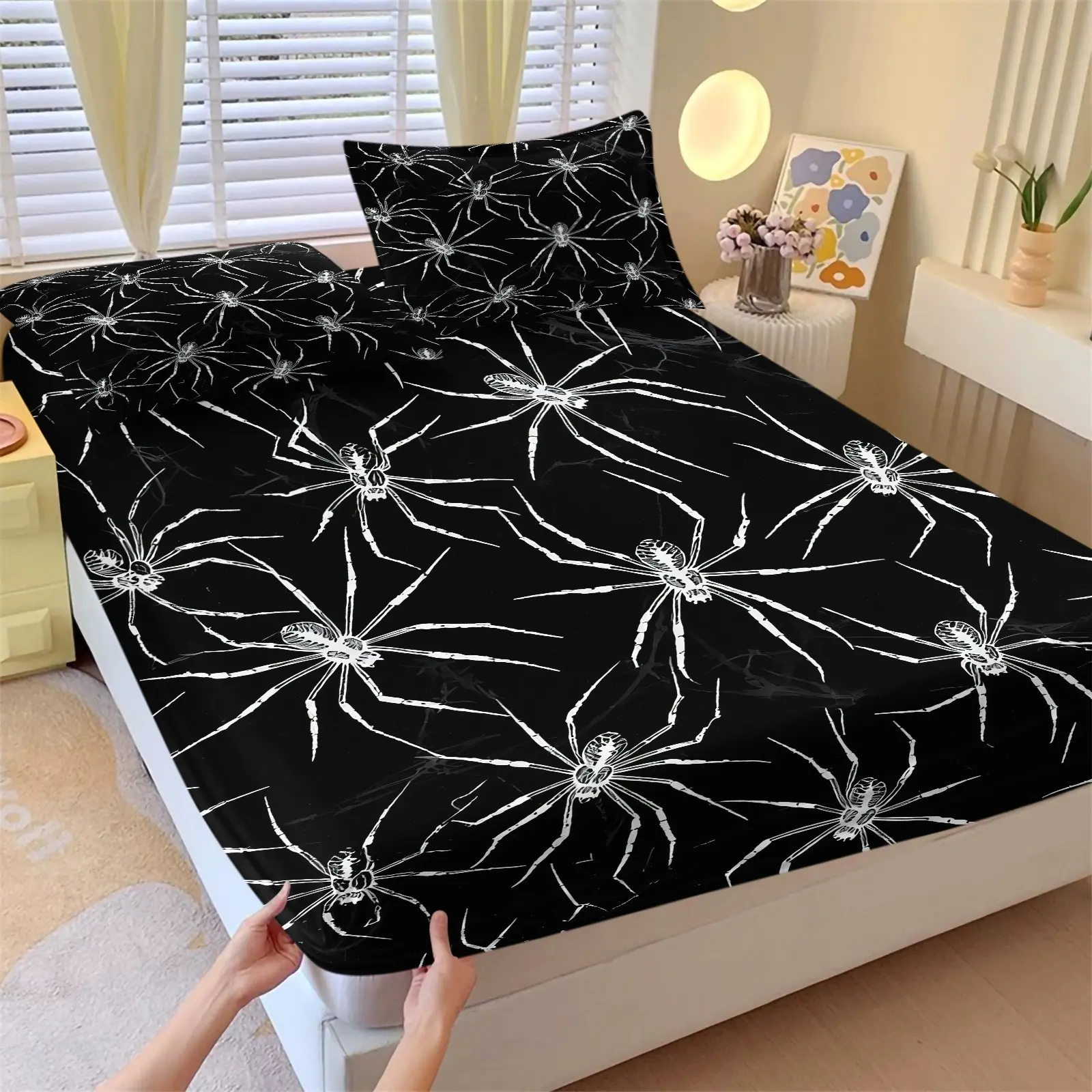 Gothic Spider Print Fitted Sheet Set, Dark Horror Arachnid Bed Sheets Set, 1 Fitted Sheet & 2 Pillowcase No Filling, Soft Deep Pocket Bedding Set, Halloween Decor Gift for Teens Bedroom
