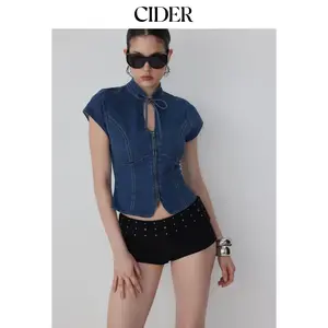 Cider Stretch Denim Stand Collar Short Sleeve Bowknot Zip Up Blouse