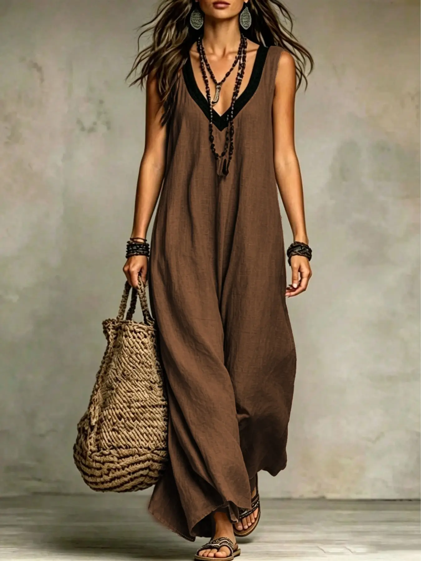 Women's Casual Long Maxi Dress Sleeveless V-Neck Boho Style with Contrast Trim Loose A-Line Silhouette Skin-Friendly & Breathable Non-Tight Fit Soft Flowy Beach Dress Comfy Outfit for Summer Travel Beach Vacation & Daily Wear