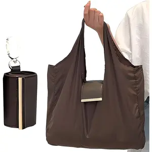 Foldable Keychain Handbag for Women, Reusable Waterproof Shopping Bag, Expandable Leather Mini Bag, Key Ring Organizer, Fashion Shoulder Bag