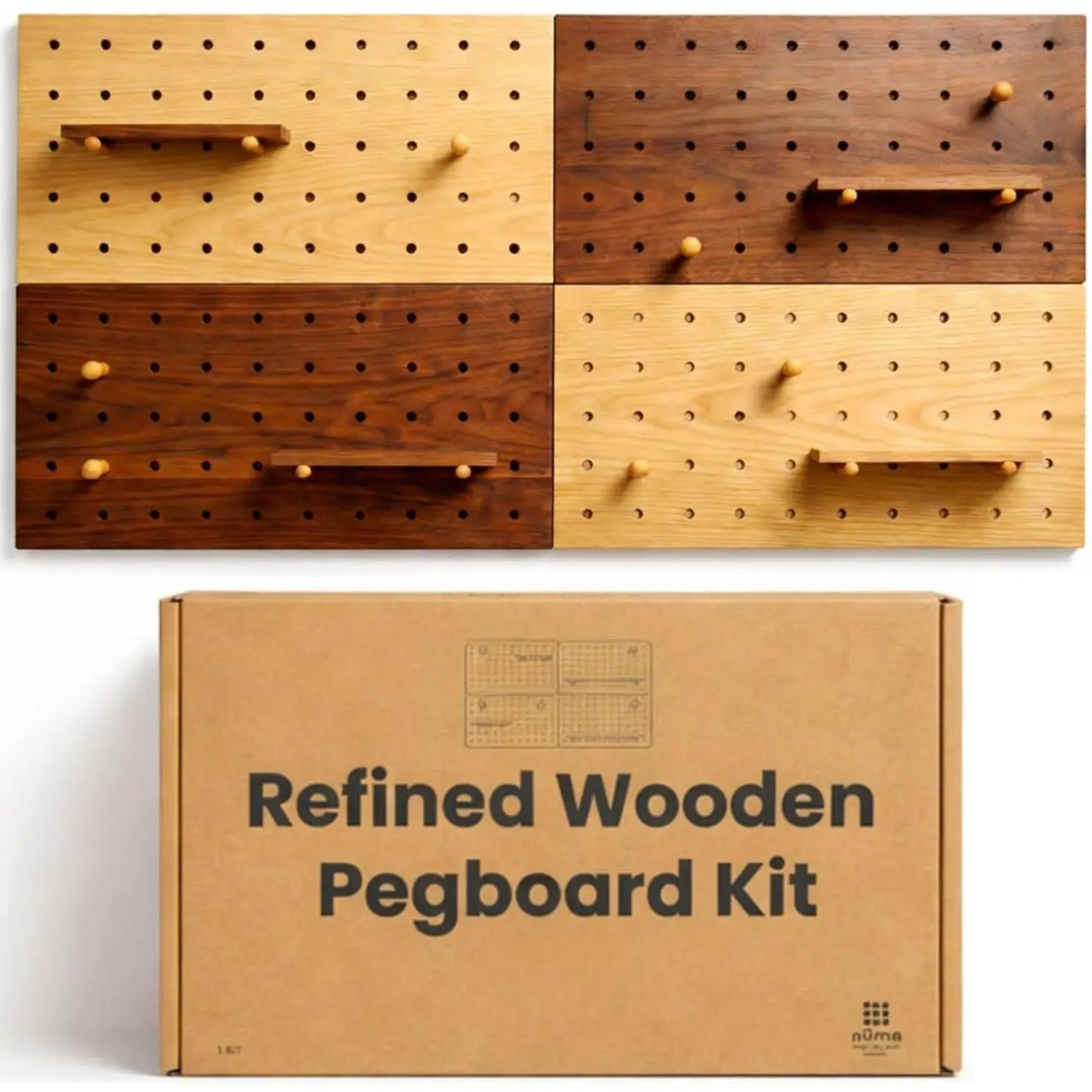 Wooden Pegboard Wall Organizer 2-Tone Kit, 4 Panels, 4 Shelves & 8 Pegs |  and brown -look MDF, modular wall storage for  office, kitchen, entryway or dorm, easy 30-minute installation