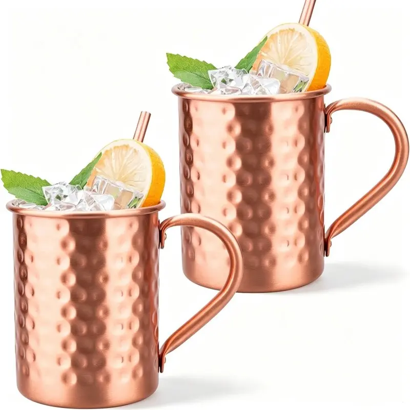 2 Counts Handcrafted 100% Pure Copper Moscow Mule Mugs with Straws Hammered Finish. Unique Elegant Modern Set for Special Occasions | Gifting | Wedding Favors | Beverage Tasting