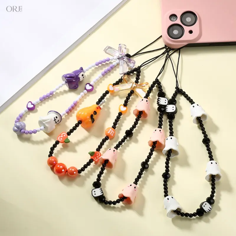 Halloween Ghost Beaded Phone Chain, Bell & Skull Charm Anti-Lost Phone Strap, Ins Style Cute Mobile Pendant, Versatile Bag Accessory for Girls