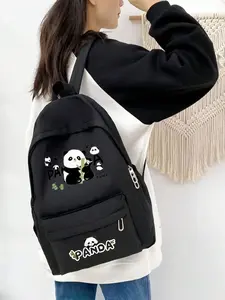 Cute Panda Bamboo Backpack, Cartoon Print, Lightweight Casual Travel Bag, Ideal for Teens, Perfect Gift for Family and Friends