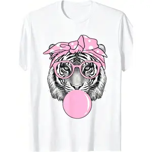 Pink Tiger Bubble Gum Graphic Tee, Round Neck Short Sleeve T-shirt, Medium Stretch Casual Top for Everyday or Parties, Fun Streetwear Style Unisex