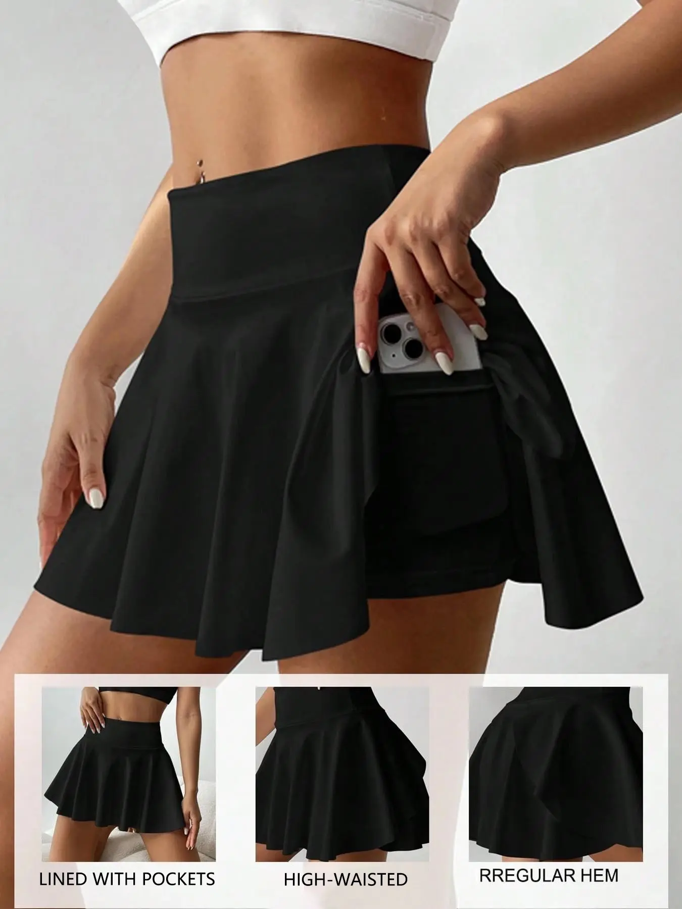 Y2K High-Waisted Tennis Skirt with Pockets, Shaping Shorts, Asymmetrical Bell Bottom, Sporty Mini Skirt, Stretch Sweat-Proof, Summer Fashion, Skirts with Shorts Underneath