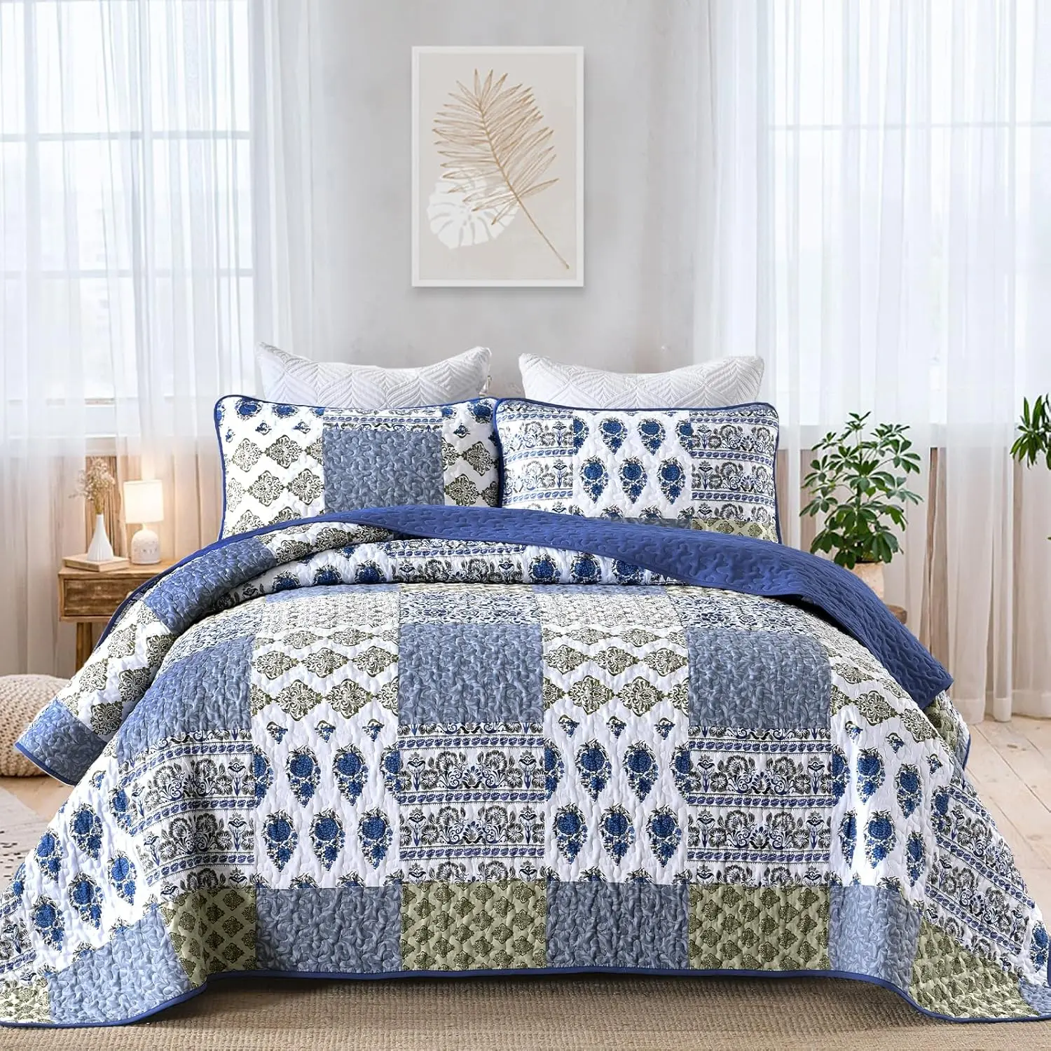 Blue Set Queen Size 3 Pieces Plaid Aqua Blue Floral Bedspread Set Microfiber Lightweight Bohemian Bedding Set for All Season (1 + 2 Pillow Shams) 90"x96"