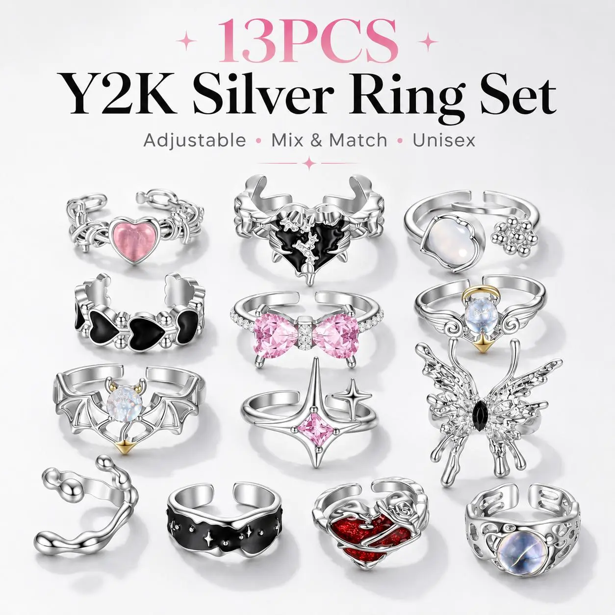 FUNRUN 13Pcs Y2K Silver Ring Set • Adjustable Gothic Punk Statement Rings • Butterfly Bow Heart Moonstone Star Rings for Women Men