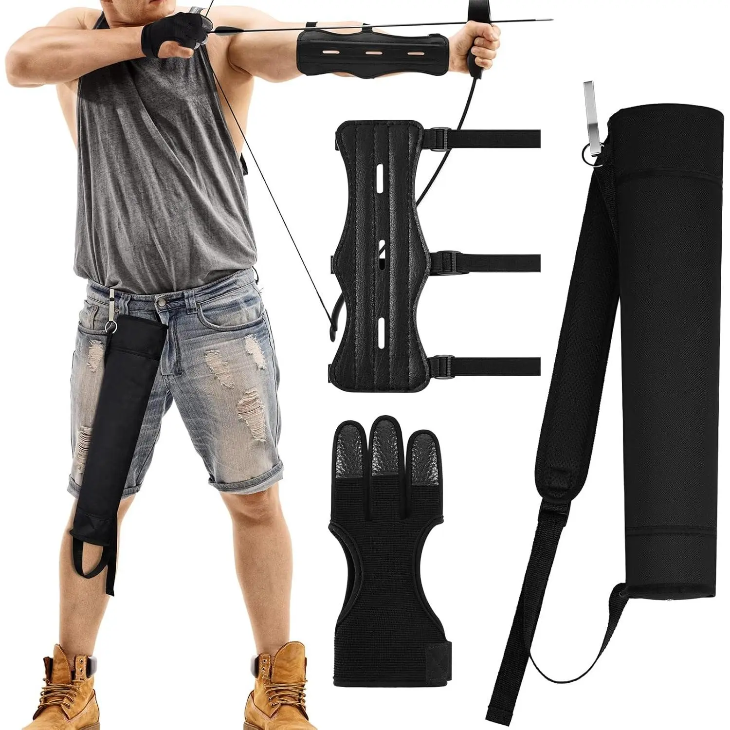 3 Pcs Archery Accessories Including Protective Archery Arm Guard Leather Padded Three Finger Hunting Gloves Back Arrow Quiver Hip Arrows Bag for Men Women Youth Adults Beginners Hunting Shooting