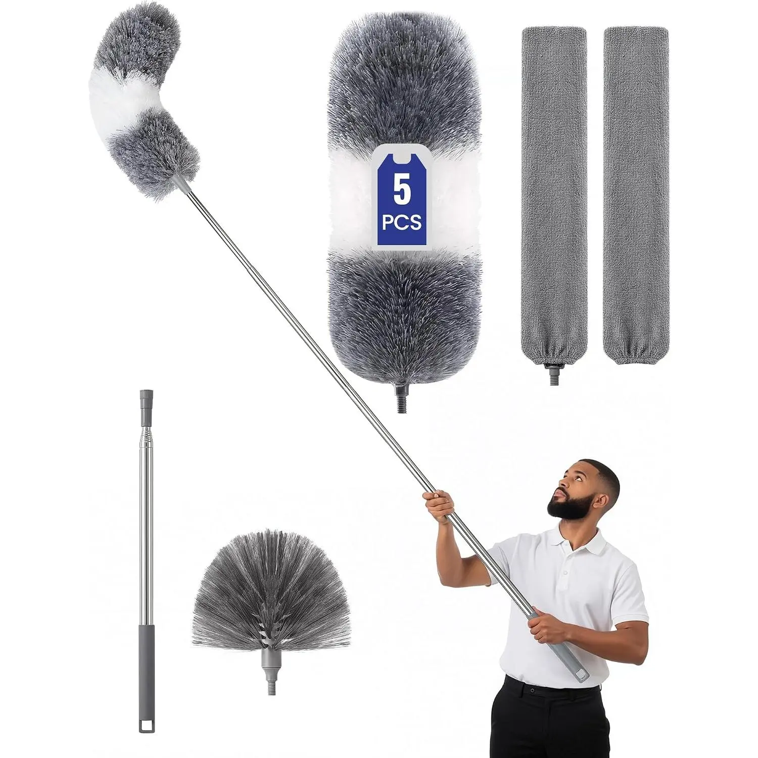 Extra-Long Dusters Kits with Extension Pole, 5 in 1 Cleaning Tools with Extendable Long Handle, Cobweb Duster, Microfiber Dusting Clothes for Gap, High Ceilings and Fans, Blinds,  and Furniture