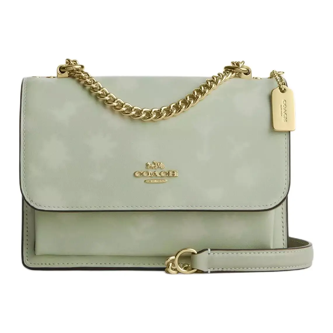 COACH Klare 18 Printed Leather Crossbody Bag for Women – Accordion Style, Light Green with Gold Hardware and Letter Embellishment