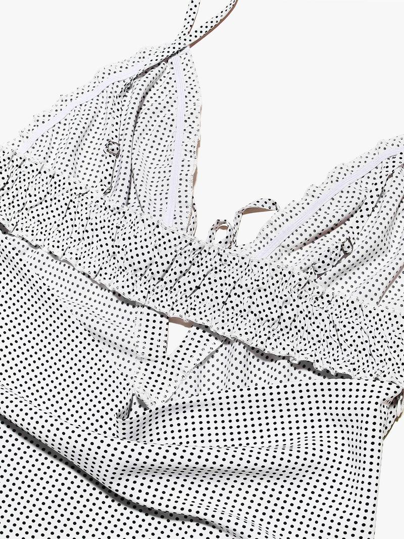 Women's Polka Dot Print Frill Trim Tie Front Cami Dress, Casual Boho Style Fitted Adjustable Strap Zipper Back Midi Dress for Summer, Capri Sun Dress, Ladies Clothes for Beach Holiday, Casual Boho Fashion