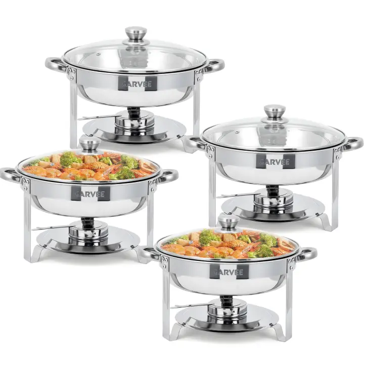GARVEE 4-Pack Sturdy Round Stainless Steel Chafing Dish Buffet Set - Food Warming Buffet Warmers with Glass Lids, Water Pans, Fuel Holders, Handles, Ideal for Weddings, Catering