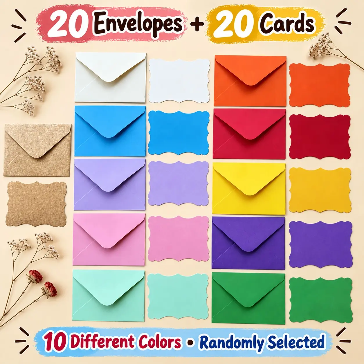🌈 40-Piece Set Colorful Cards & Envelopes for Every Occasion, Card With Envelope, 20 Cards + 20 Envelopes in 10 Randomly Selected Colors