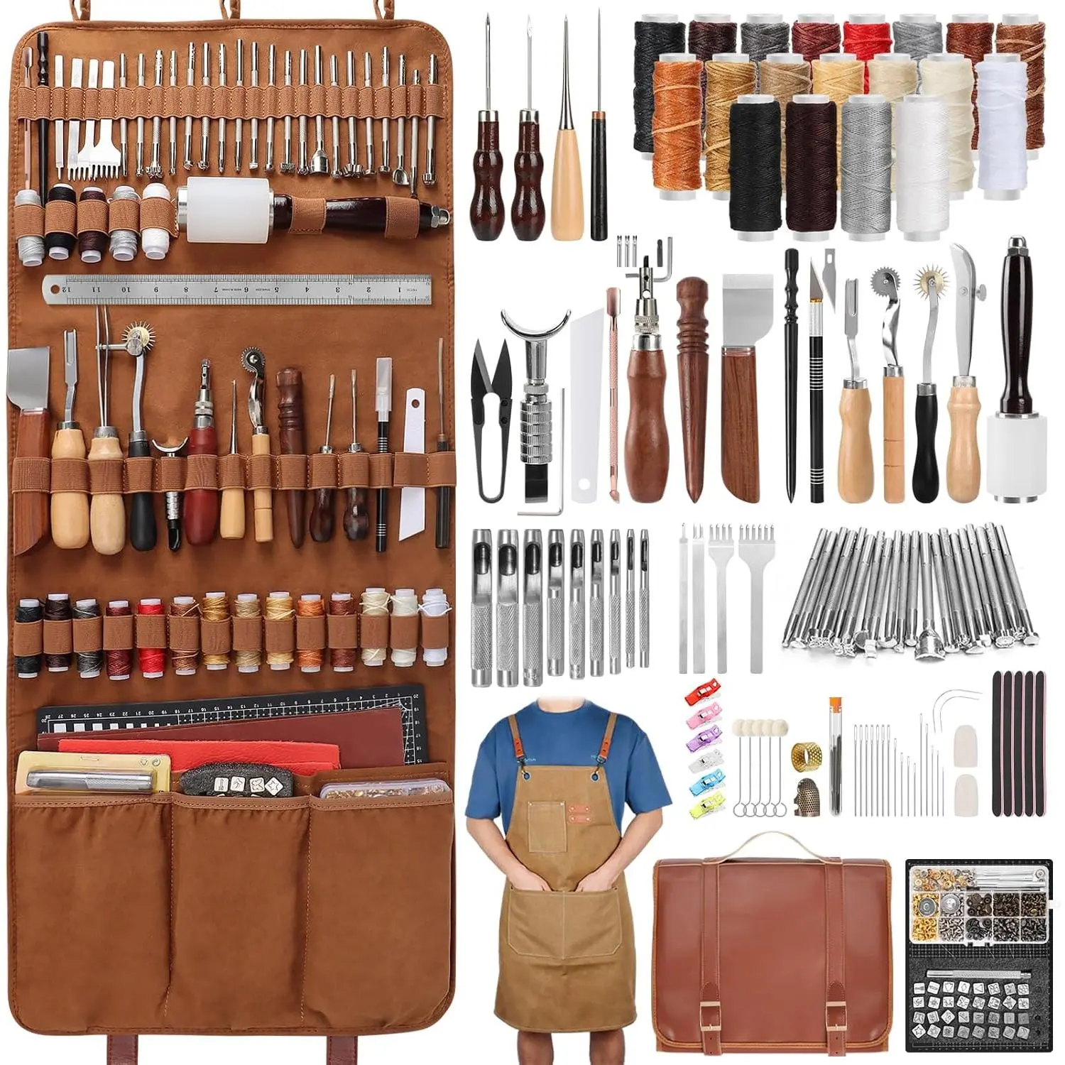 Leather Working Tooling Kit -in- Set Leatherworking Crafting Tools with Apron Custom Handbag  Mats Stamping Engraving Punching Sewing Sanding Tools for Leather Making Repair Professional